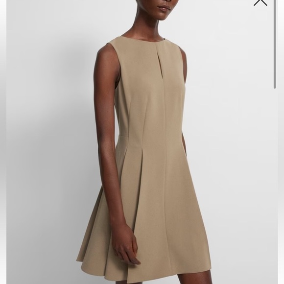 Theory Dresses & Skirts - Theory Fit and Flare Dress Slit Neck Beige Admiral Crepe Size 10 Tan M0709619